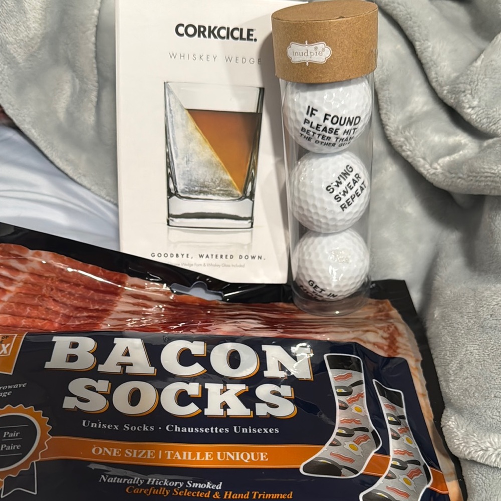 Brand new! Whiskey glass, funny golf balls, Bacon Socks. Bundle Father’s Day!